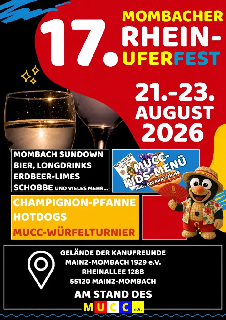 21.-23.08.2026: Das Mombacher Rheinuferfest lädt vom 21. bis 23. August 2026 wieder zu drei lebhaften Tagen voller Musik, Begegnungen und kulinarischer Highlights ein. Mitten im Festgeschehen ist auch der Mombacher Underground Carneval Club (MUCC) vertreten, der an seinem Stand eine Auswahl beliebter Speisen und Getränke anbietet. Besonders geschätzt wird die aromatische Champignon‑Pfanne, die längst zu einem festen Bestandteil des Festes geworden ist und viele Besucher anzieht. Darüber hinaus richtet der MUCC erneut das traditionelle Würfelturnier aus, das seit Jahren für Spannung, Spaß und gesellige Stimmung sorgt. Damit verbindet der Verein kulinarische Genüsse mit einem unterhaltsamen Wettbewerb und trägt maßgeblich zur besonderen Atmosphäre des Rheinuferfests bei.